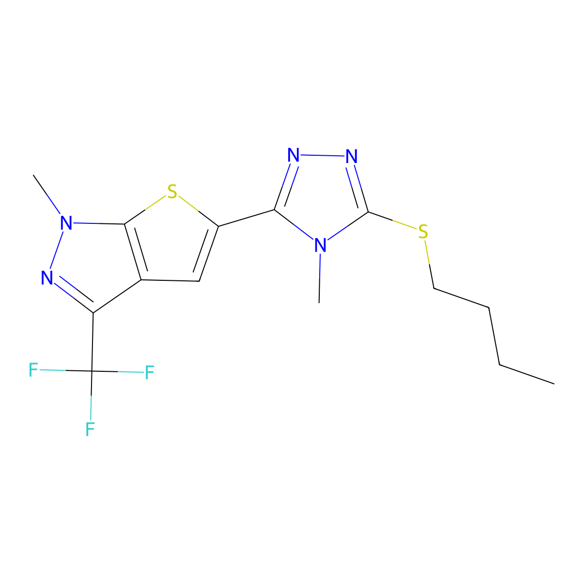 5-[5-(butylsulfanyl)-4-methyl-4H-1,2,4-triazol-3-yl]-1-methyl-3-(trifluoromethyl)-1H-thieno[2,3-c]pyrazole molecular structure, CAS 338747-69-6