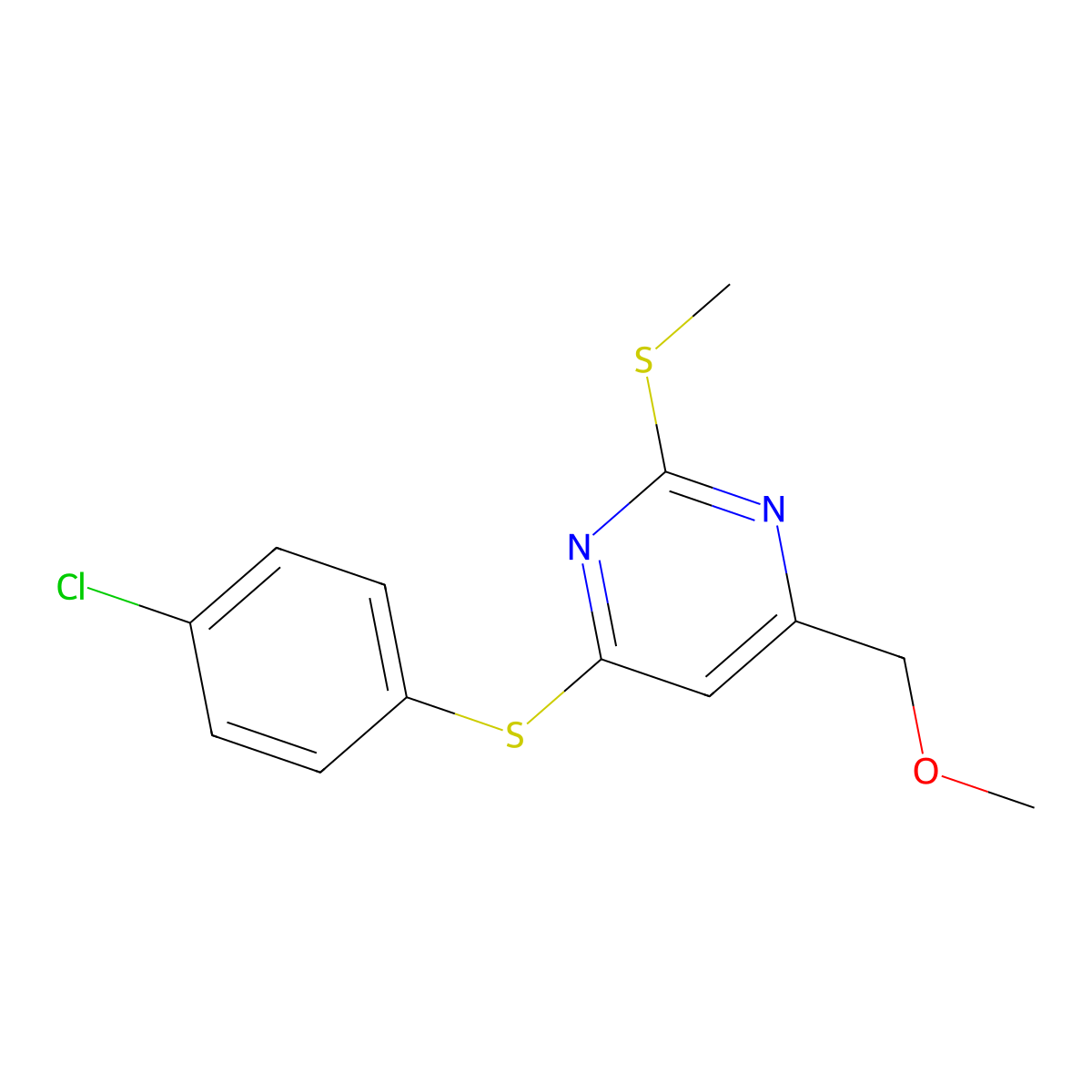 [6-[(4-Chlorophenyl)sulfanyl]-2-(methylsulfanyl)-4-pyrimidinyl]methyl methyl ether molecular structure, CAS 338747-96-9
