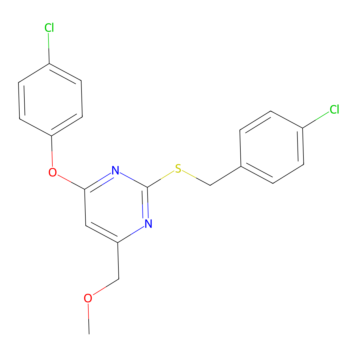 [2-[(4-Chlorobenzyl)sulfanyl]-6-(4-chlorophenoxy)-4-pyrimidinyl]methyl methyl ether molecular structure, CAS 338748-07-5
