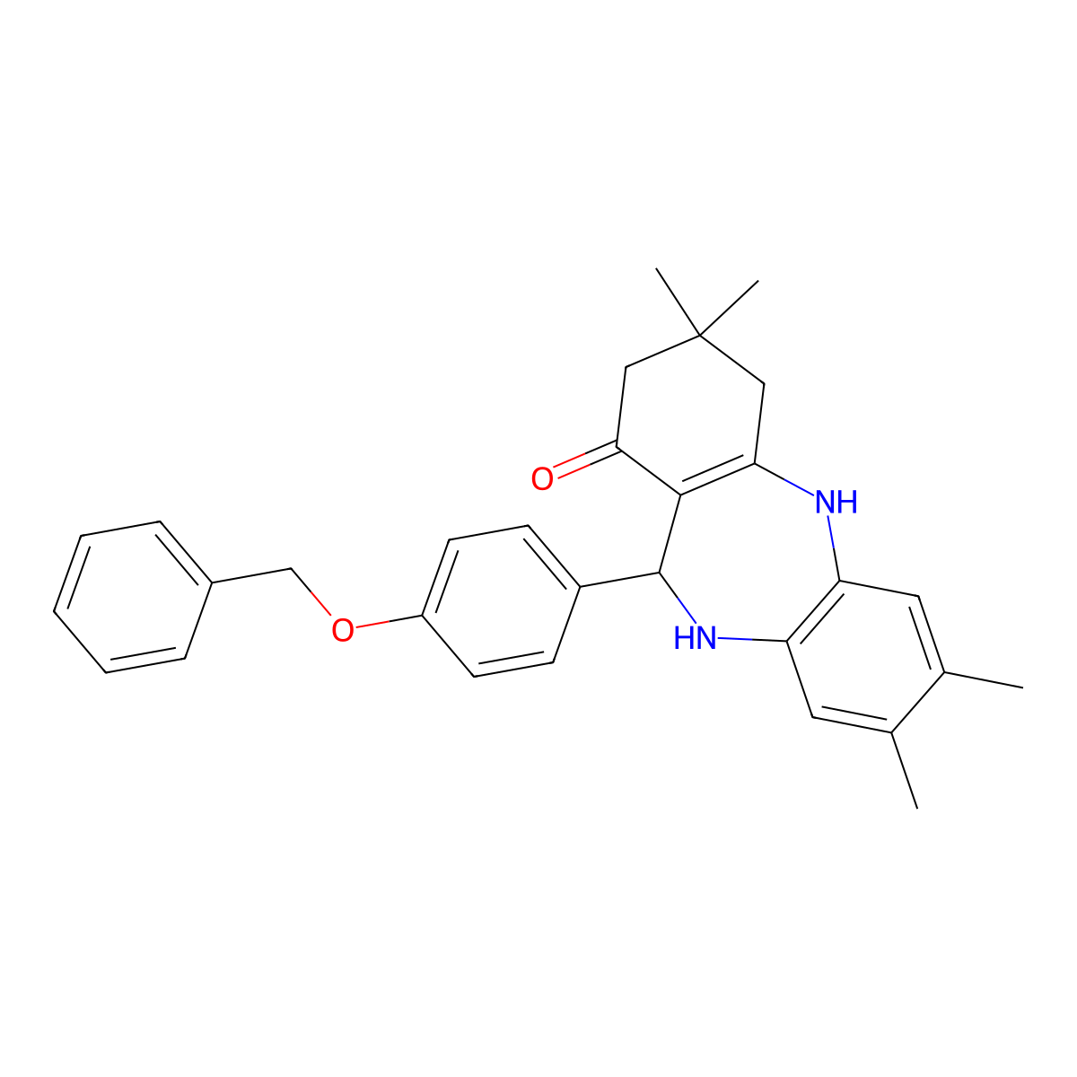 2,3,9,9-tetramethyl-6-(4-phenylmethoxyphenyl)-6,8,10,11-tetrahydro-5H-benzo[b][1,4]benzodiazepin-7-one molecular structure, CAS 338748-37-1