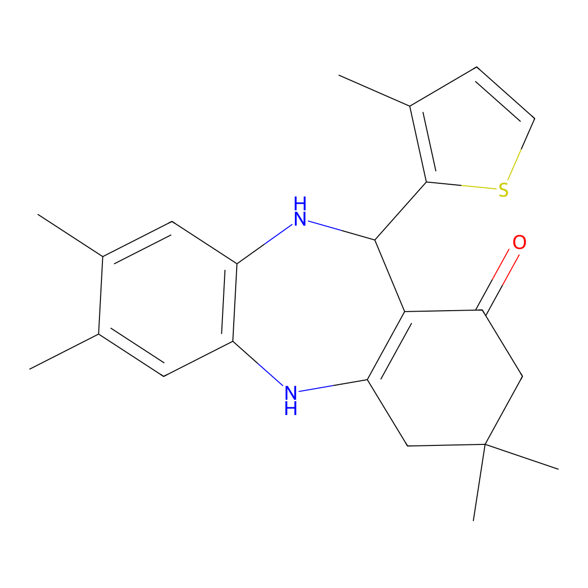 3,3,7,8-tetramethyl-11-(3-methyl-2-thienyl)-2,3,4,5,10,11-hexahydro-1H-dibenzo[b,e][1,4]diazepin-1-one molecular structure, CAS 338748-48-4