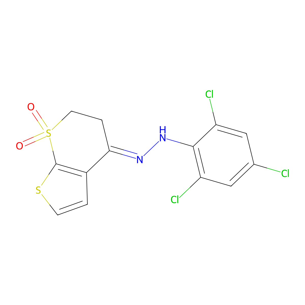 2,4,6-trichloro-N-[(E)-(7,7-dioxo-5,6-dihydrothieno[2,3-b]thiopyran-4-ylidene)amino]aniline molecular structure, CAS 338749-38-5