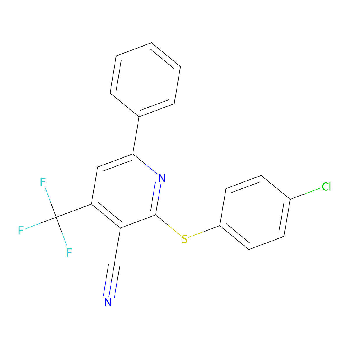 2-[(4-Chlorophenyl)sulfanyl]-6-phenyl-4-(trifluoromethyl)nicotinonitrile molecular structure, CAS 338749-42-1