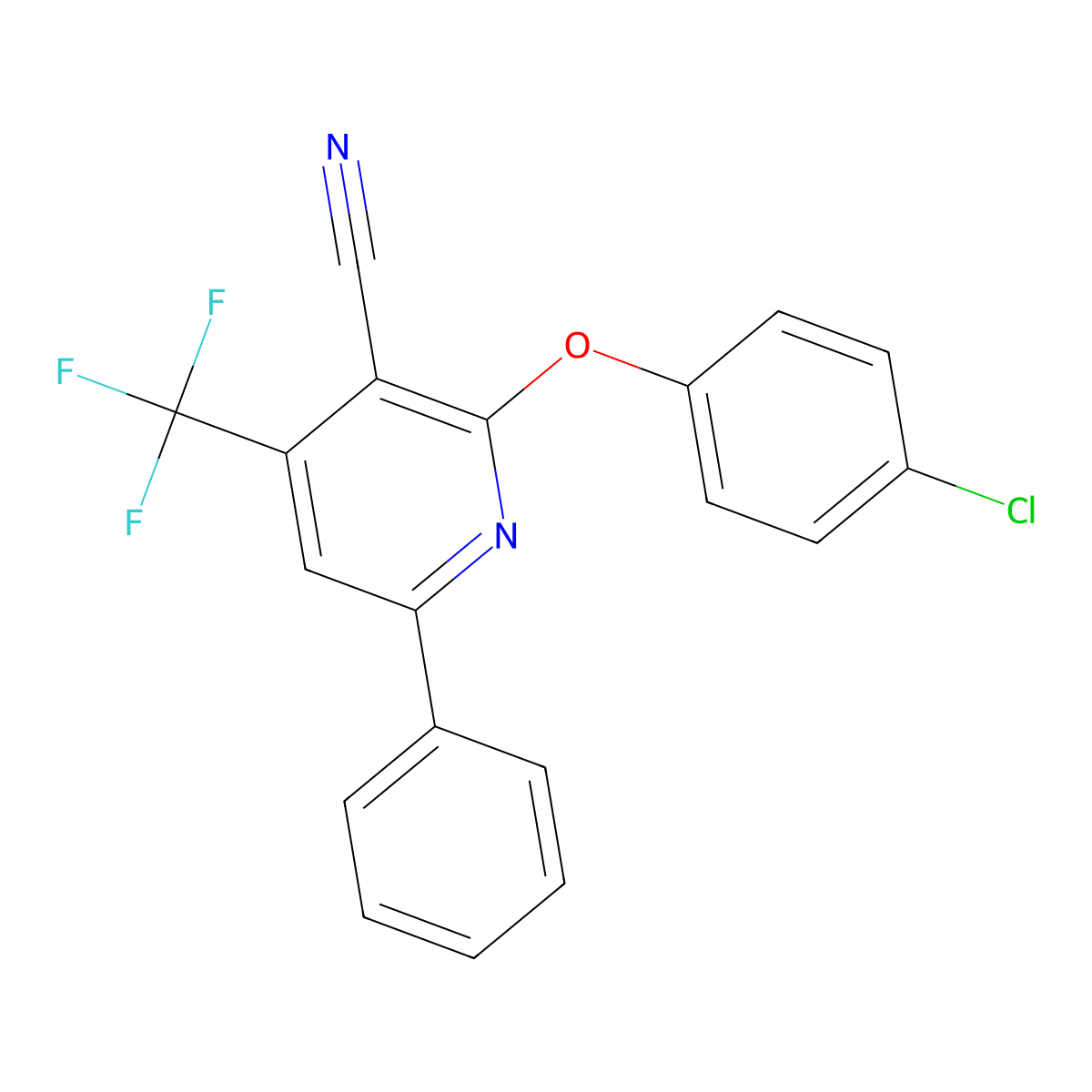 2-(4-Chlorophenoxy)-6-phenyl-4-(trifluoromethyl)nicotinonitrile molecular structure, CAS 338749-45-4