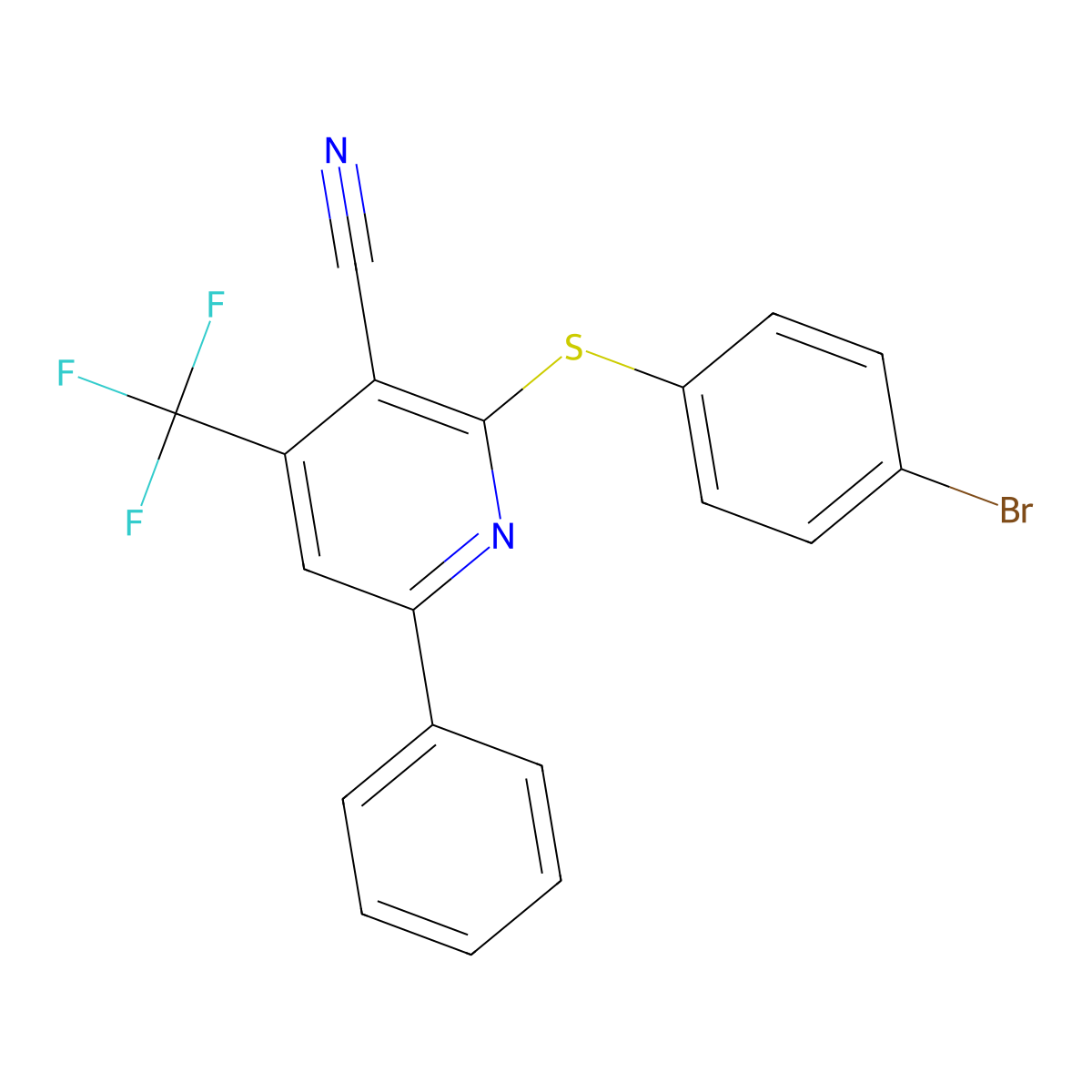 2-[(4-Bromophenyl)sulfanyl]-6-phenyl-4-(trifluoromethyl)nicotinonitrile molecular structure, CAS 338749-49-8