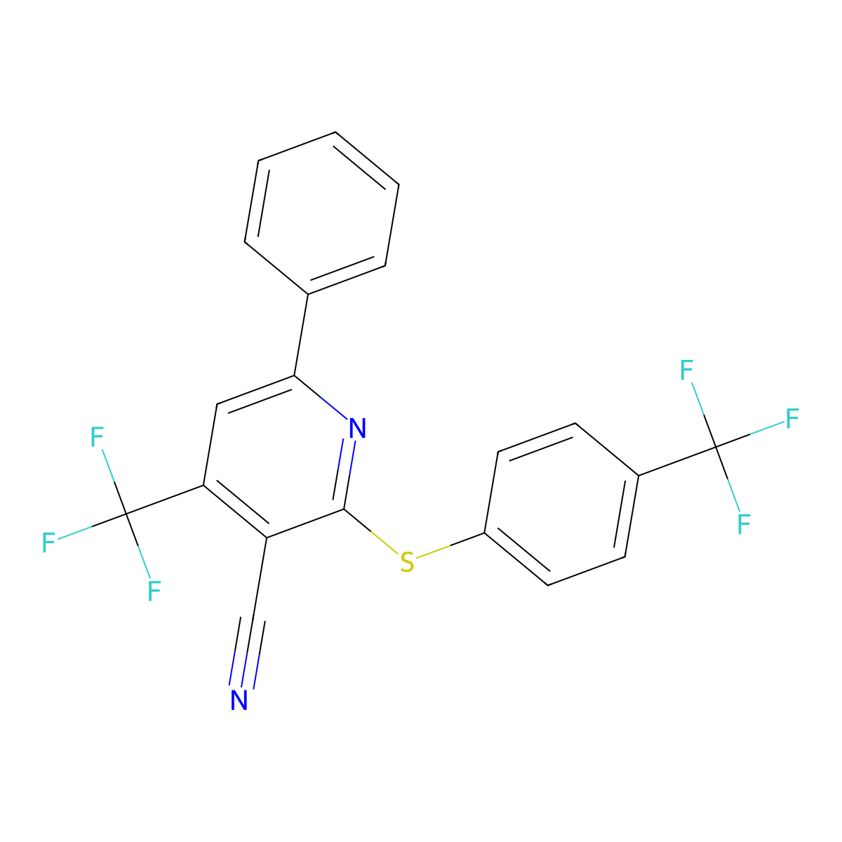 6-Phenyl-4-(trifluoromethyl)-2-{[4-(trifluoromethyl)phenyl]sulfanyl}nicotinonitrile molecular structure, CAS 338749-50-1