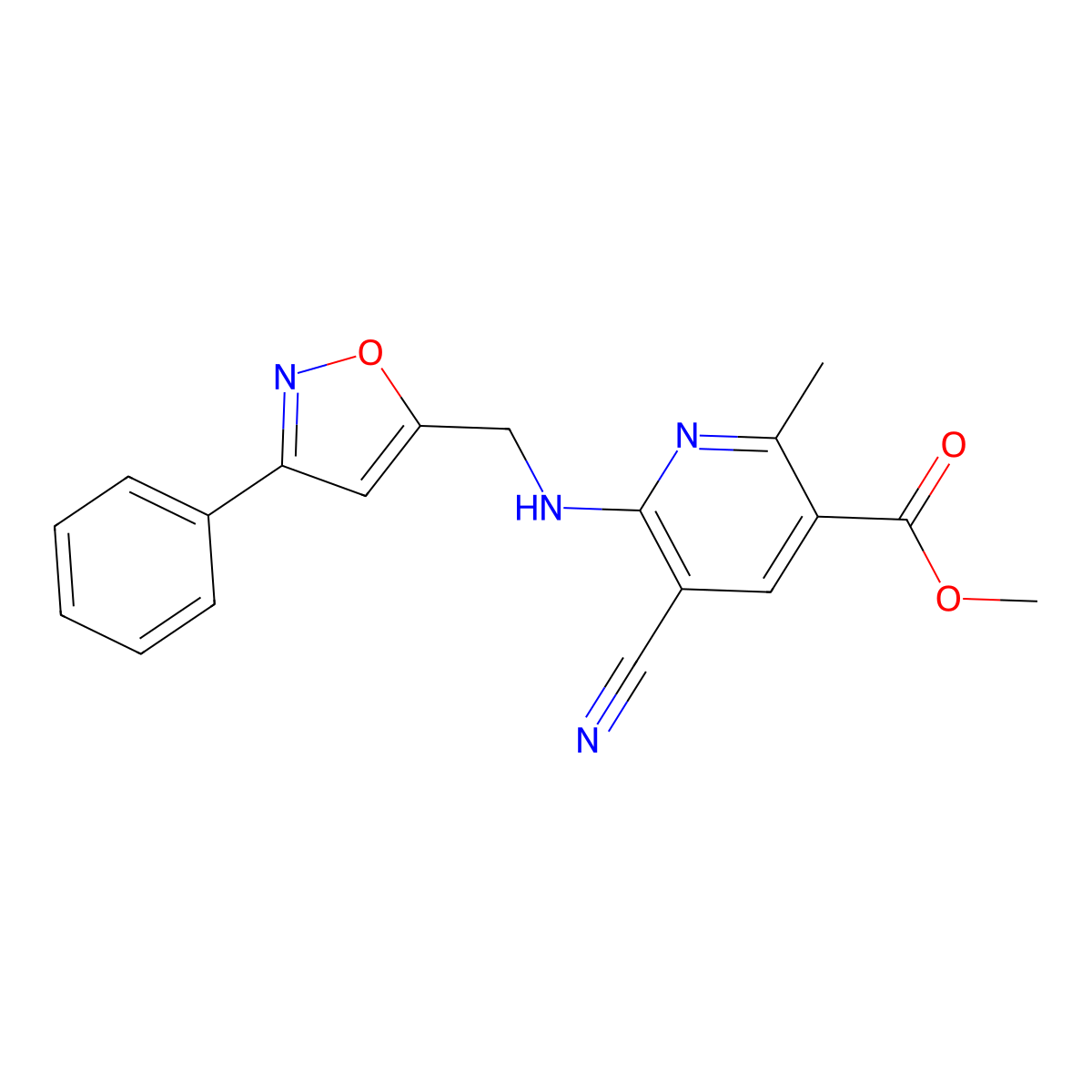 Methyl 5-cyano-2-methyl-6-{[(3-phenyl-5-isoxazolyl)methyl]amino}nicotinate molecular structure, CAS 338749-65-8