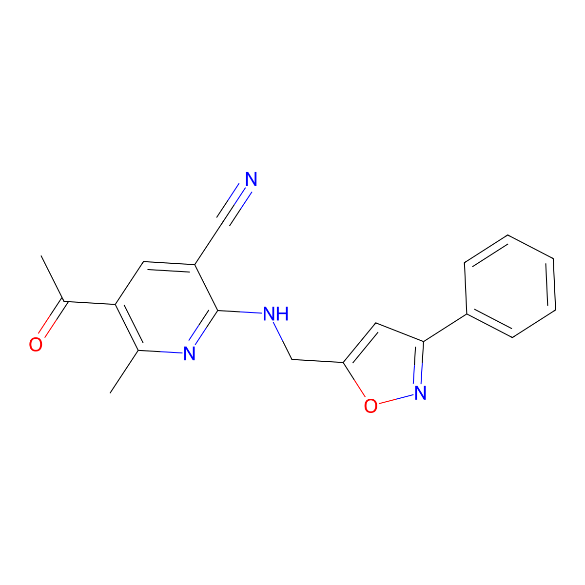 5-Acetyl-6-methyl-2-{[(3-phenyl-5-isoxazolyl)methyl]amino}nicotinonitrile molecular structure, CAS 338749-67-0