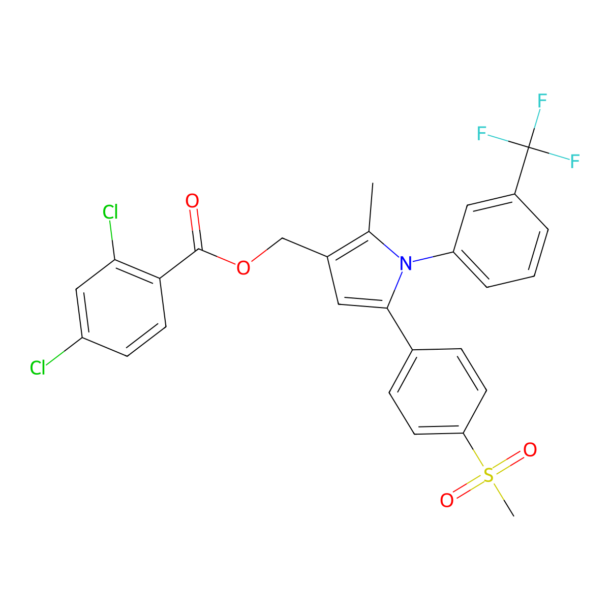 {2-methyl-5-[4-(methylsulfonyl)phenyl]-1-[3-(trifluoromethyl)phenyl]-1H-pyrrol-3-yl}methyl 2,4-dichlorobenzenecarboxylate molecular structure, CAS 338749-69-2