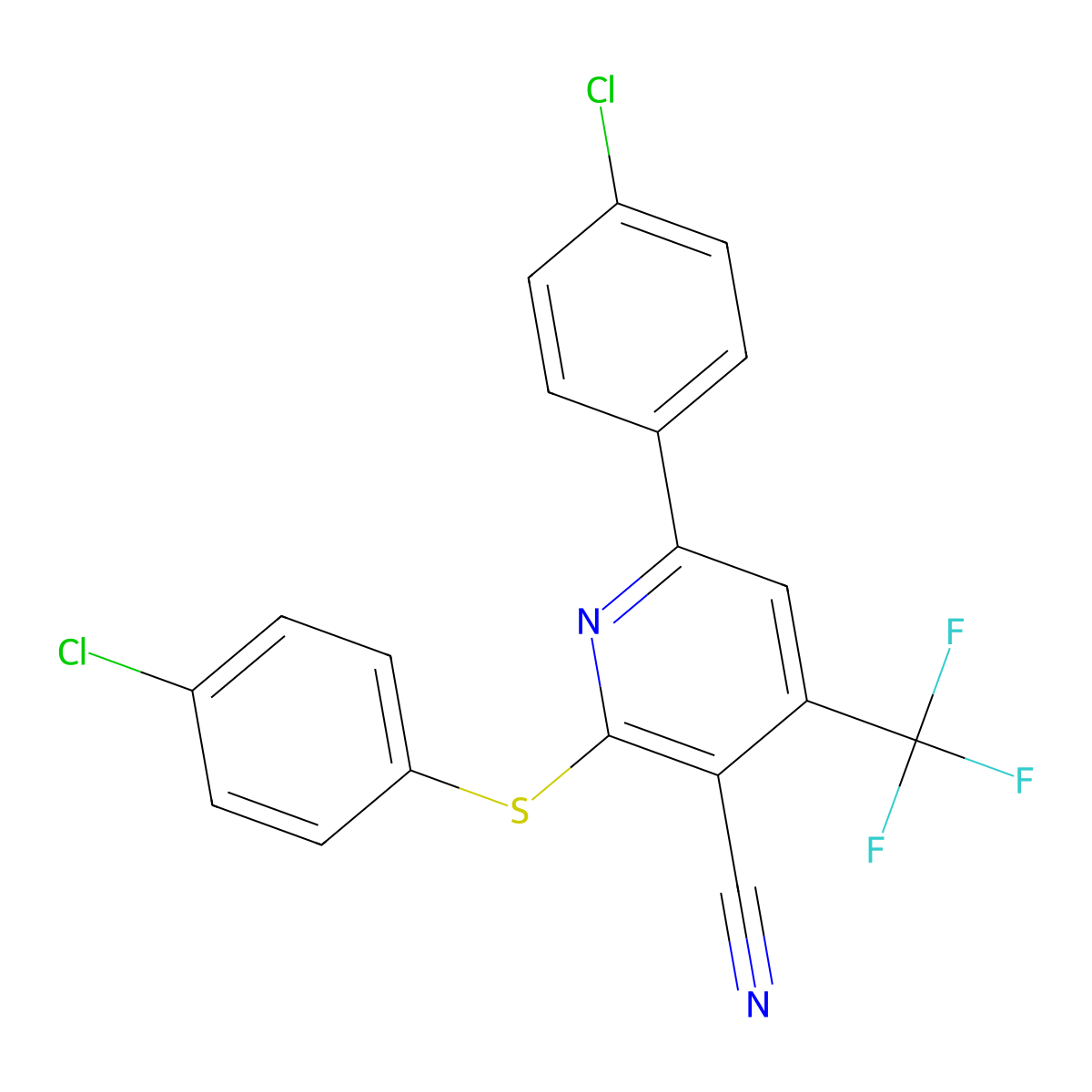 6-(4-Chlorophenyl)-2-[(4-chlorophenyl)sulfanyl]-4-(trifluoromethyl)nicotinonitrile molecular structure, CAS 338749-80-7