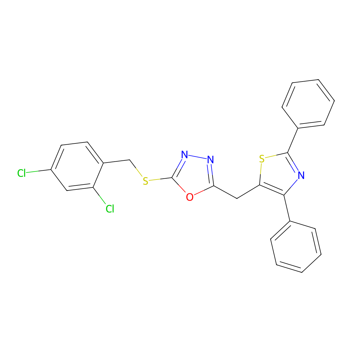 2-[(2,4-Dichlorophenyl)methylsulfanyl]-5-[(2,4-diphenyl-1,3-thiazol-5-yl)methyl]-1,3,4-oxadiazole molecular structure, CAS 338750-00-8