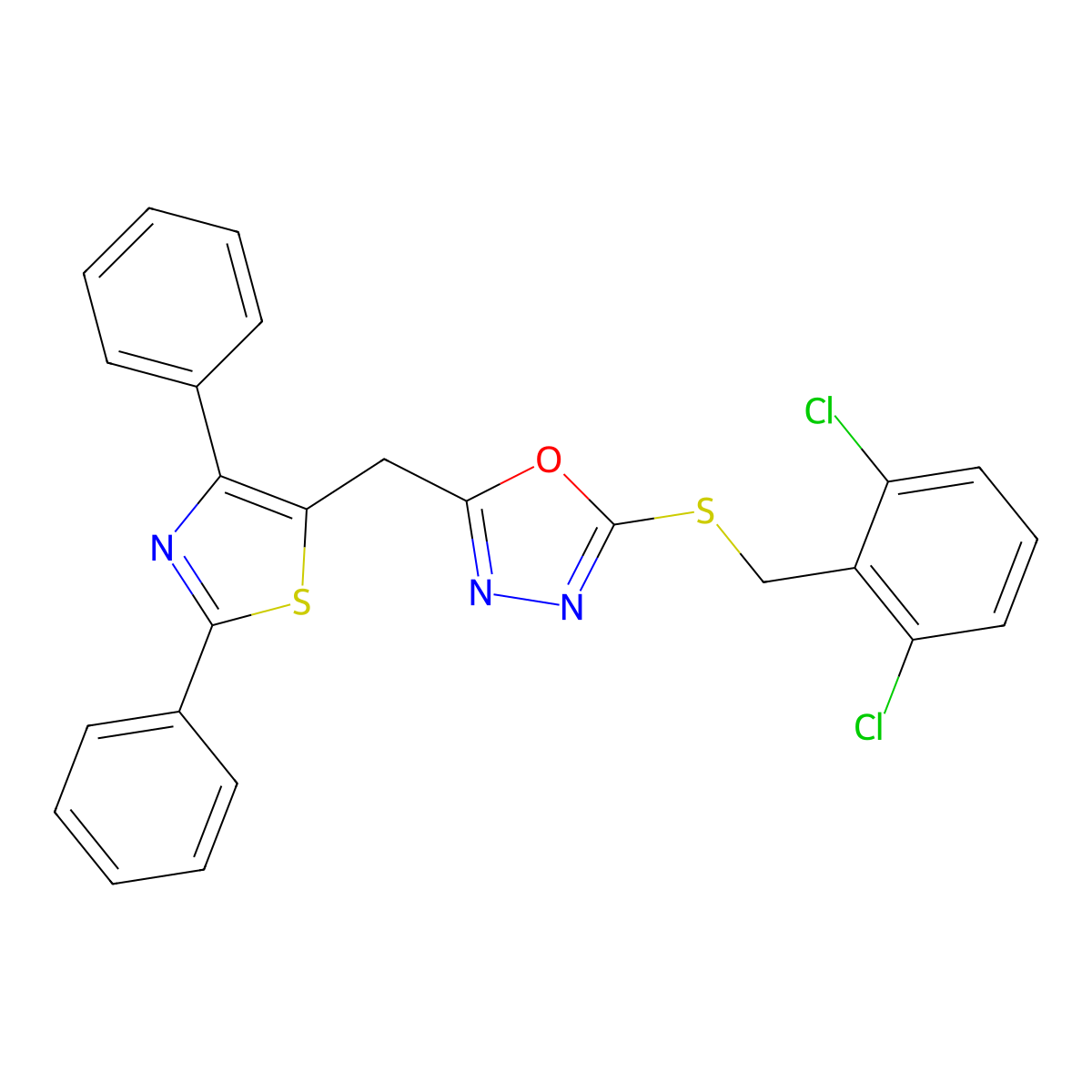 2-[(2,6-Dichlorophenyl)methylsulfanyl]-5-[(2,4-diphenyl-1,3-thiazol-5-yl)methyl]-1,3,4-oxadiazole molecular structure, CAS 338750-01-9
