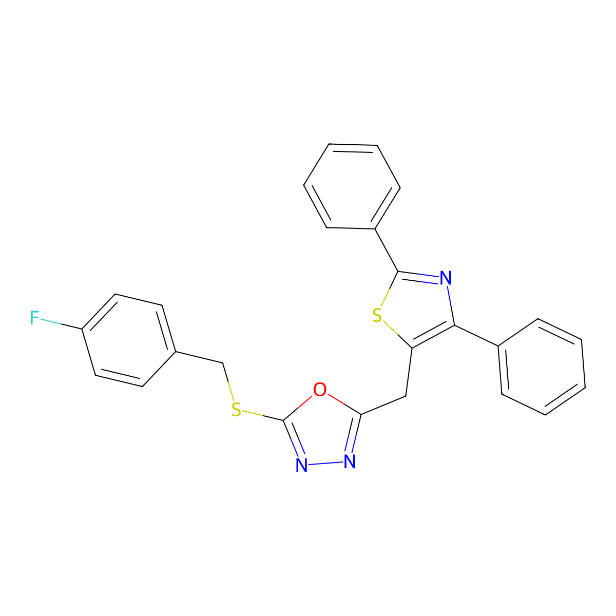 5-[(2,4-Diphenyl-1,3-thiazol-5-yl)methyl]-1,3,4-oxadiazol-2-yl 4-fluorobenzyl sulfide molecular structure, CAS 338750-02-0