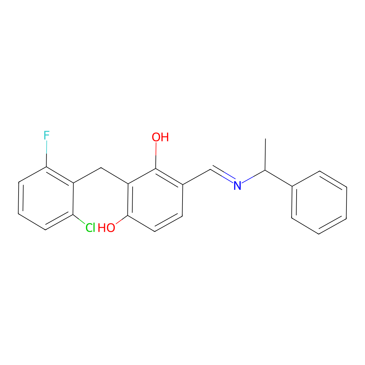 2-(2-Chloro-6-fluorobenzyl)-4-{[(1-phenylethyl)imino]methyl}-1,3-benzenediol molecular structure, CAS 338750-15-5