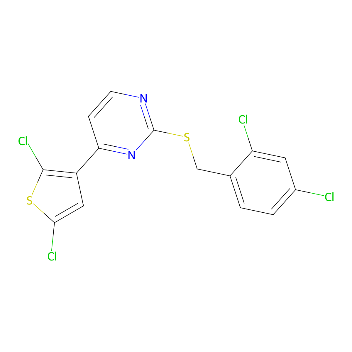 2-[(2,4-Dichlorobenzyl)sulfanyl]-4-(2,5-dichloro-3-thienyl)pyrimidine molecular structure, CAS 338750-33-7