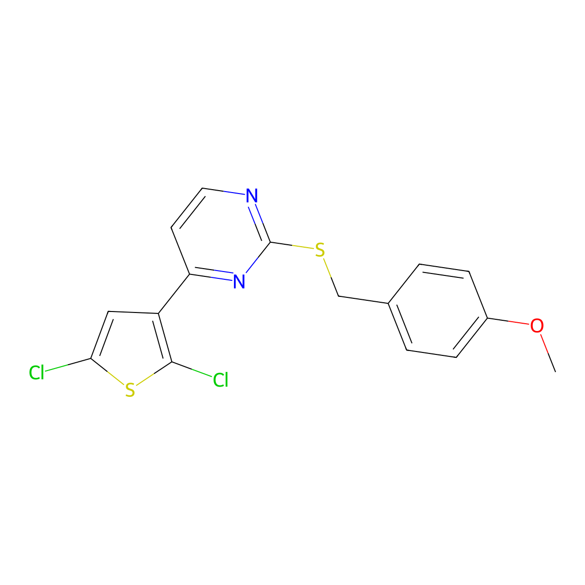 4-(2,5-Dichlorothiophen-3-yl)-2-[(4-methoxyphenyl)methylsulfanyl]pyrimidine molecular structure, CAS 338750-36-0
