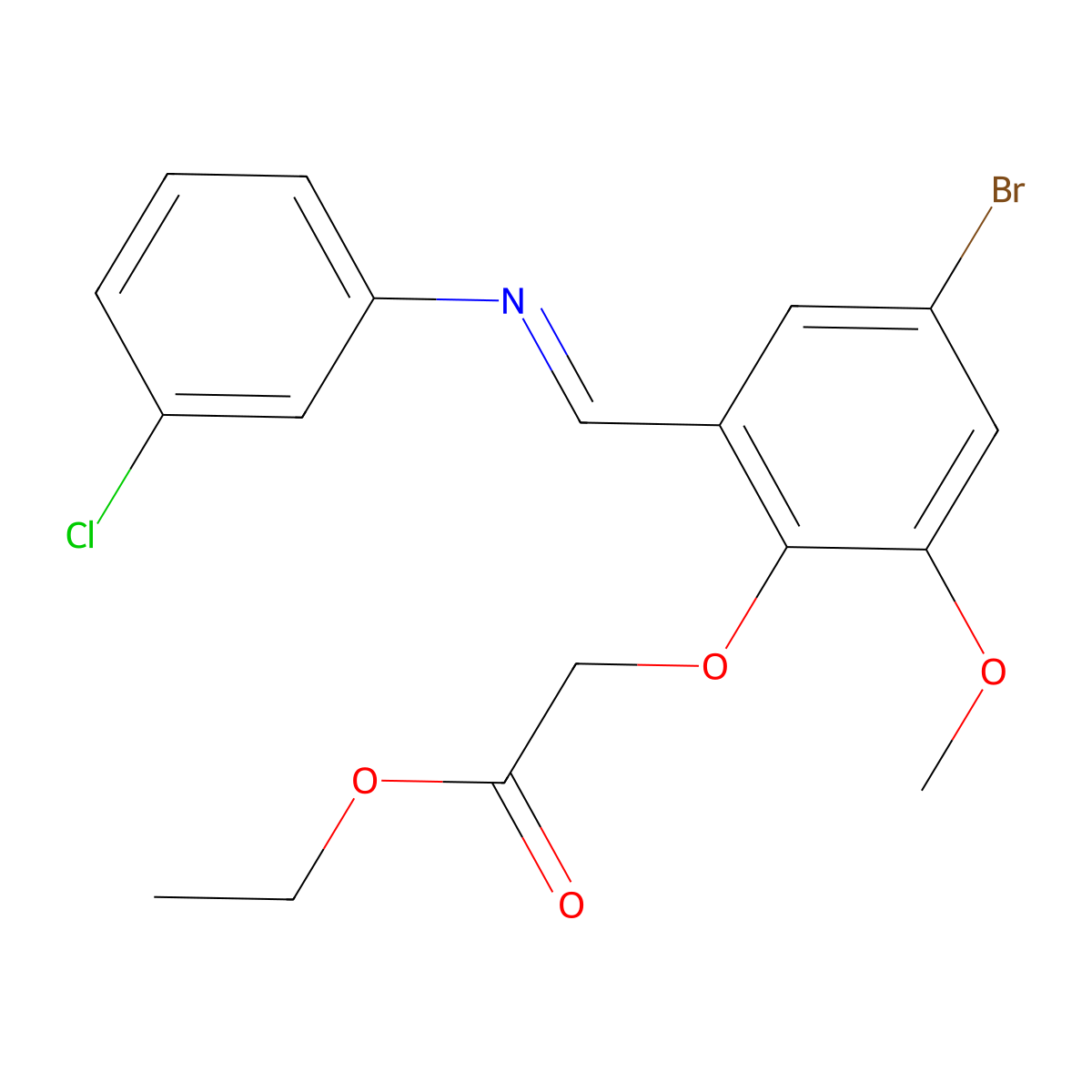 Ethyl 2-(4-bromo-2-{[(3-chlorophenyl)imino]methyl}-6-methoxyphenoxy)acetate molecular structure, CAS 338750-67-7
