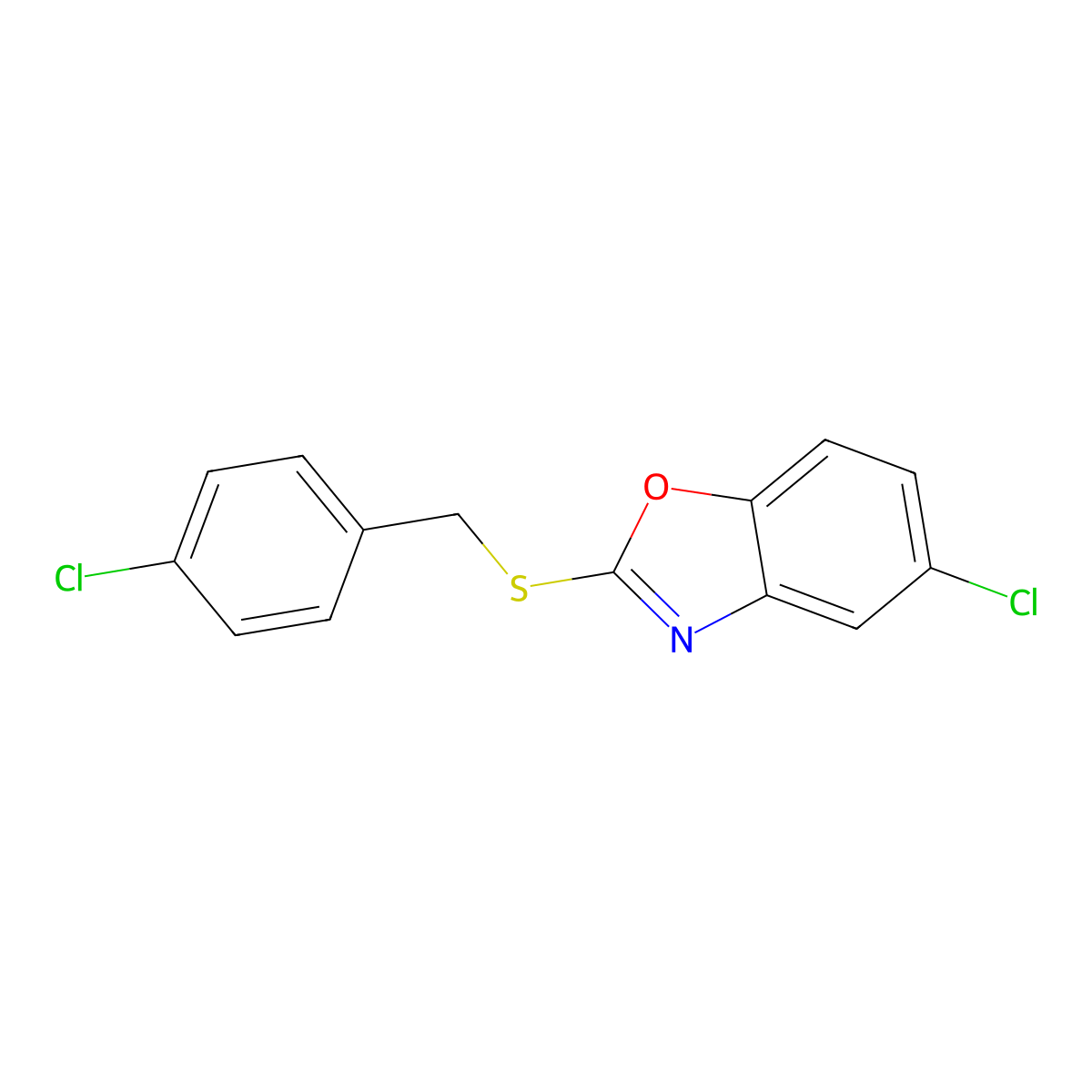 5-Chloro-2-(((4-chlorophenyl)methyl)thio)benzoxazole molecular structure, CAS 338750-70-2