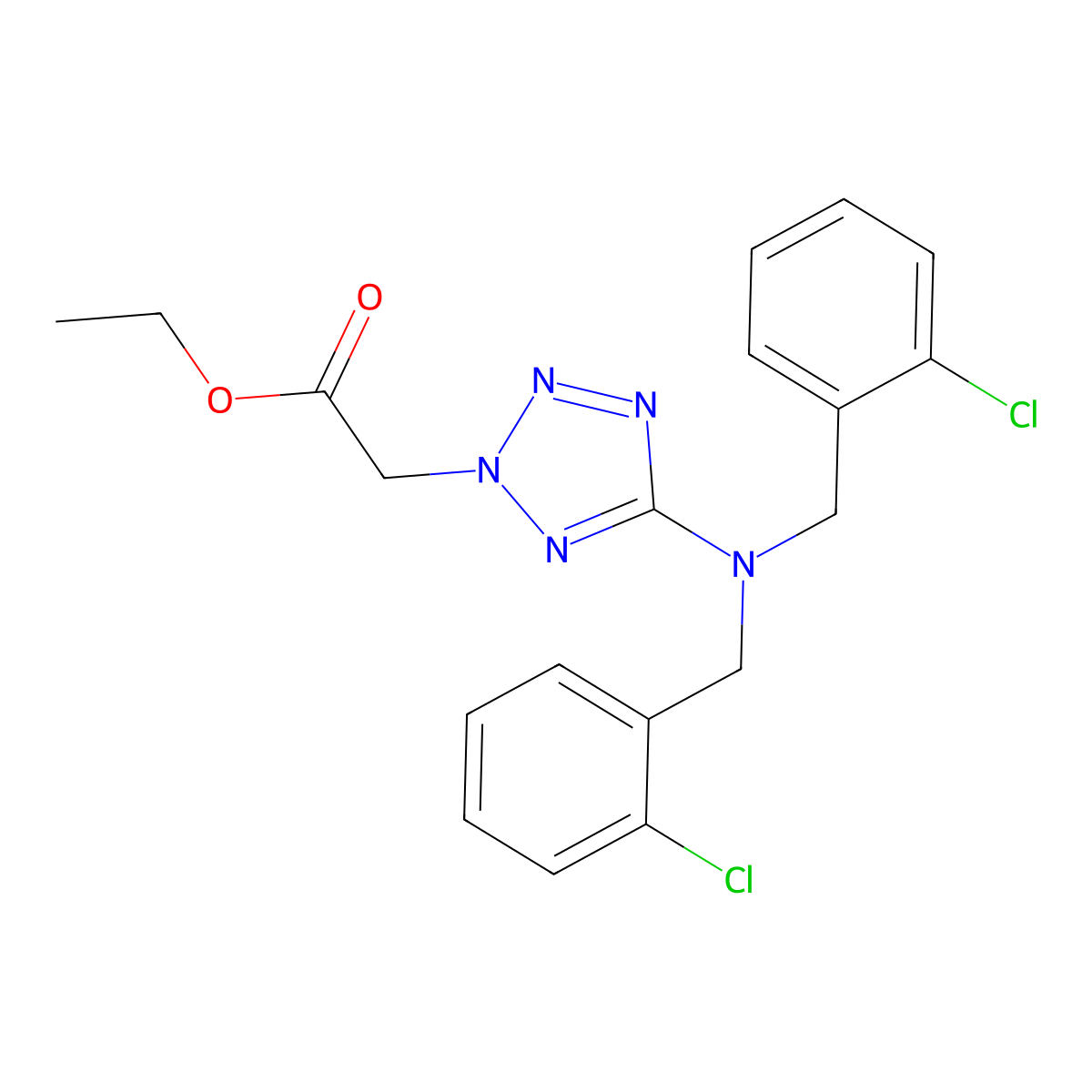 Ethyl 2-[5-[bis[(2-chlorophenyl)methyl]amino]tetrazol-2-yl]acetate molecular structure, CAS 338750-85-9