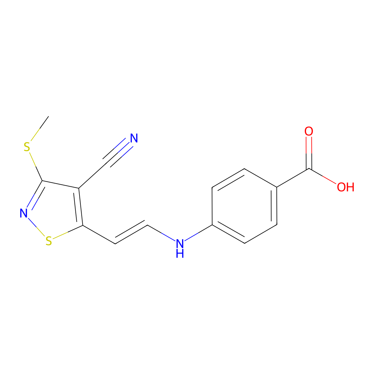 4-({2-[4-Cyano-3-(methylsulfanyl)-5-isothiazolyl]vinyl}amino)benzenecarboxylic acid molecular structure, CAS 338751-12-5