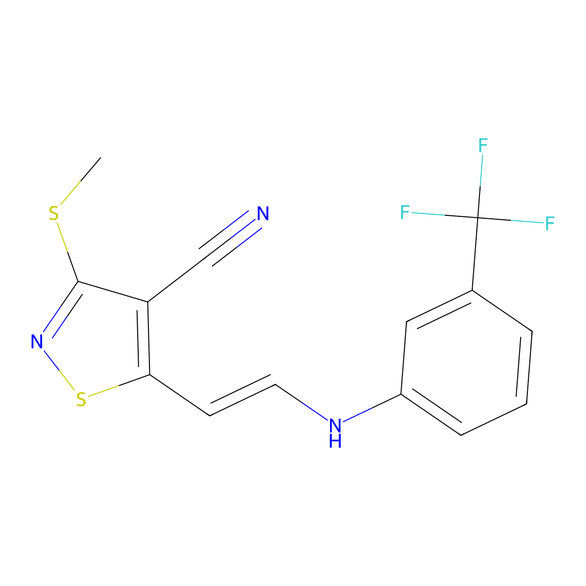3-(Methylsulfanyl)-5-{2-[3-(trifluoromethyl)anilino]vinyl}-4-isothiazolecarbonitrile molecular structure, CAS 338751-25-0