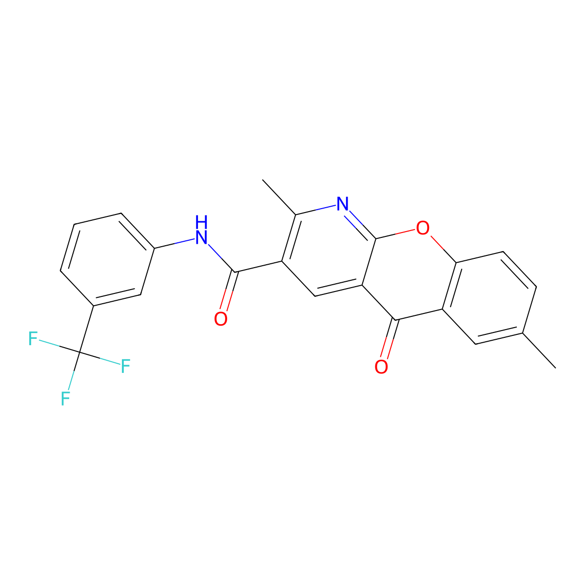 2,7-dimethyl-5-oxo-N-[3-(trifluoromethyl)phenyl]-5H-chromeno[2,3-b]pyridine-3-carboxamide molecular structure, CAS 338751-38-5