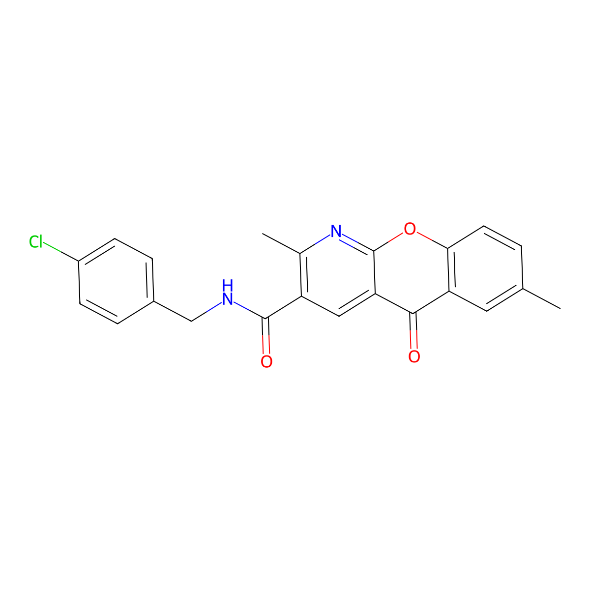 N-(4-chlorobenzyl)-2,7-dimethyl-5-oxo-5H-chromeno[2,3-b]pyridine-3-carboxamide molecular structure, CAS 338751-40-9