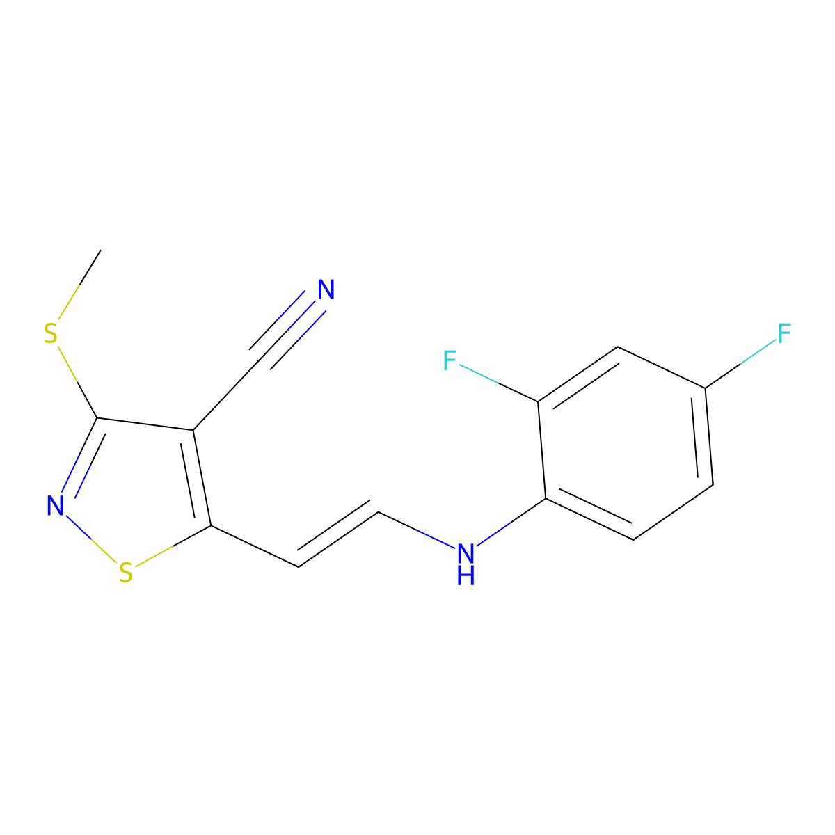 5-[2-(2,4-Difluoroanilino)vinyl]-3-(methylsulfanyl)-4-isothiazolecarbonitrile molecular structure, CAS 338751-42-1