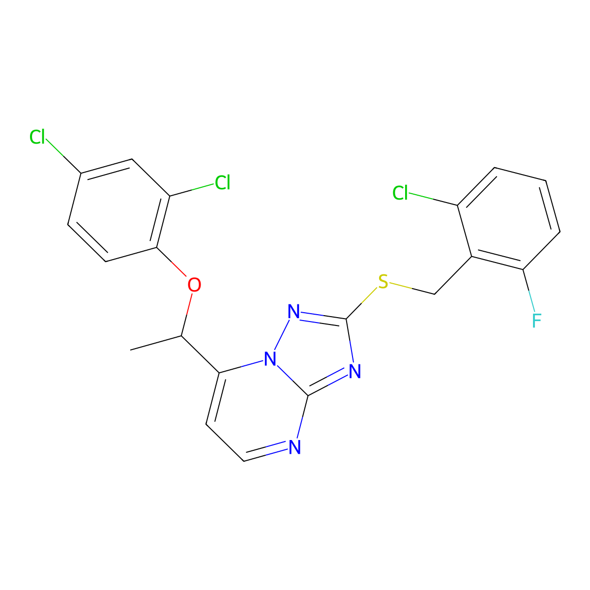 2-[(2-Chloro-6-fluorophenyl)methylsulfanyl]-7-[1-(2,4-dichlorophenoxy)ethyl]-[1,2,4]triazolo[1,5-a]pyrimidine molecular structure, CAS 338751-48-7