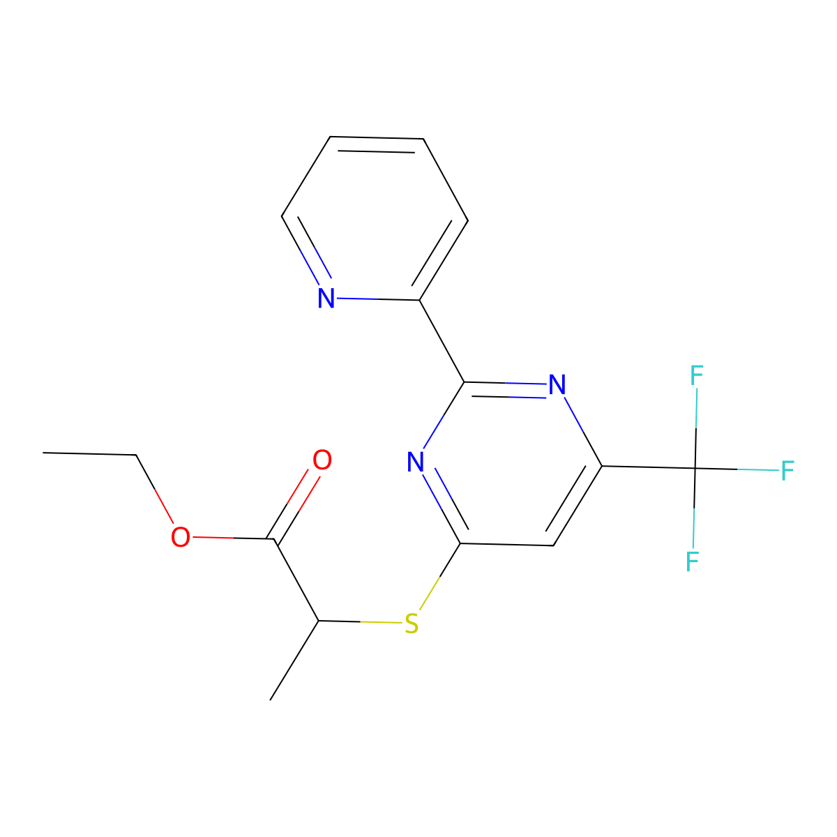 Ethyl 2-{[2-(2-pyridinyl)-6-(trifluoromethyl)-4-pyrimidinyl]sulfanyl}propanoate molecular structure, CAS 338754-11-3