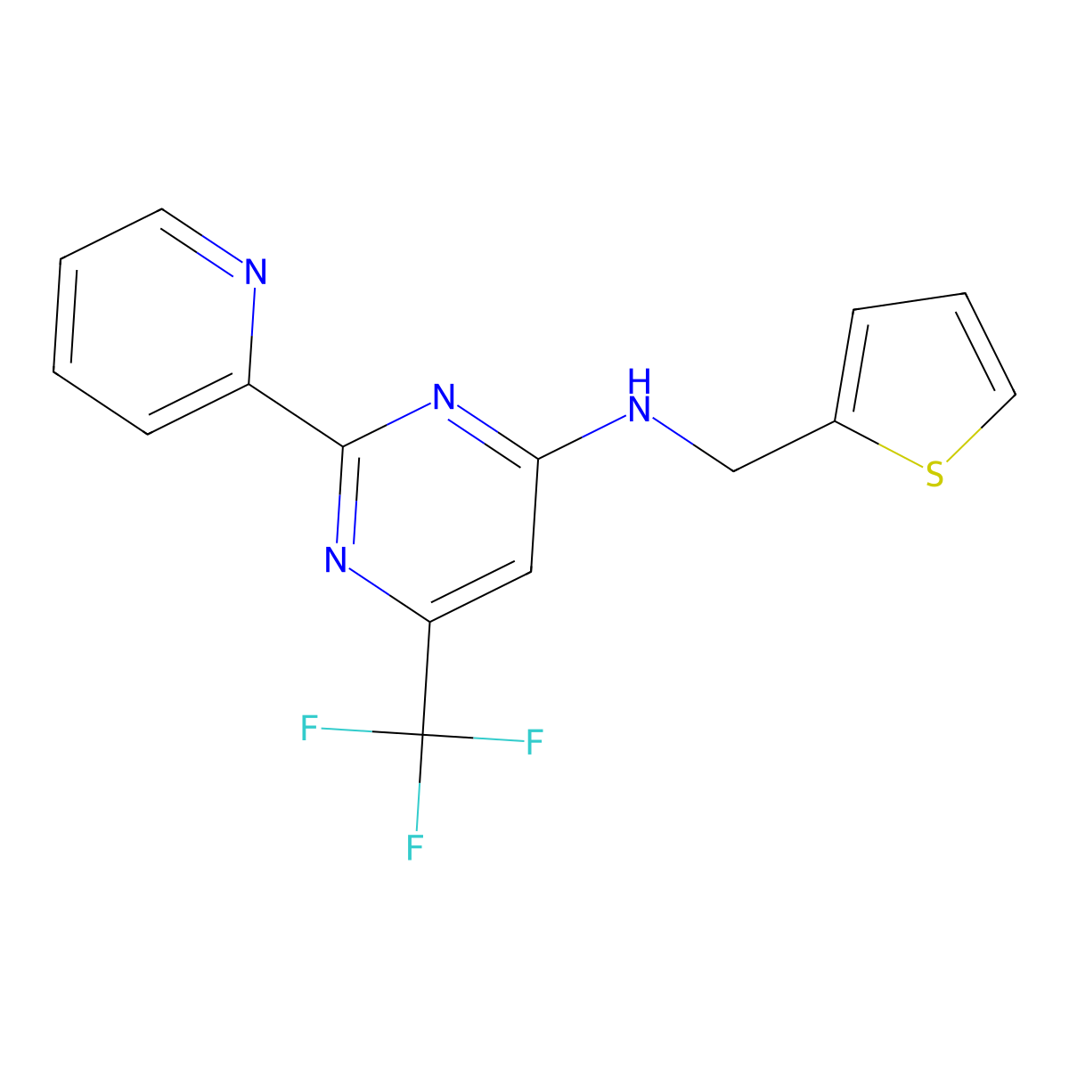 2-(2-pyridinyl)-N-(2-thienylmethyl)-6-(trifluoromethyl)-4-pyrimidinamine molecular structure, CAS 338754-29-3