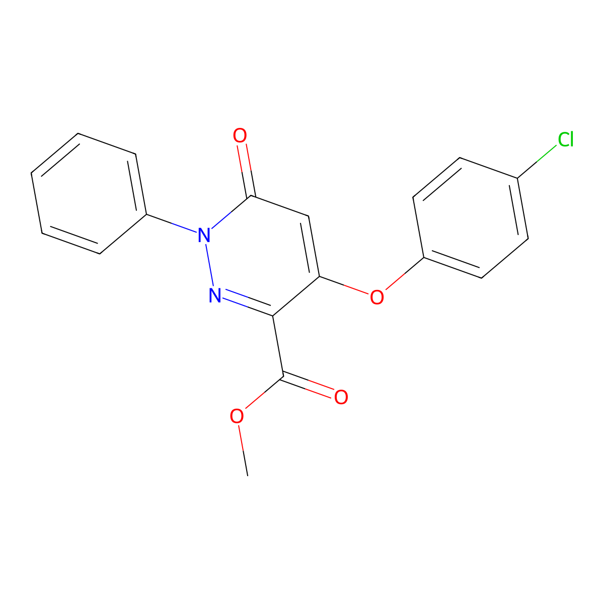 Methyl 4-(4-chlorophenoxy)-6-oxo-1-phenyl-1,6-dihydro-3-pyridazinecarboxylate molecular structure, CAS 338756-21-1