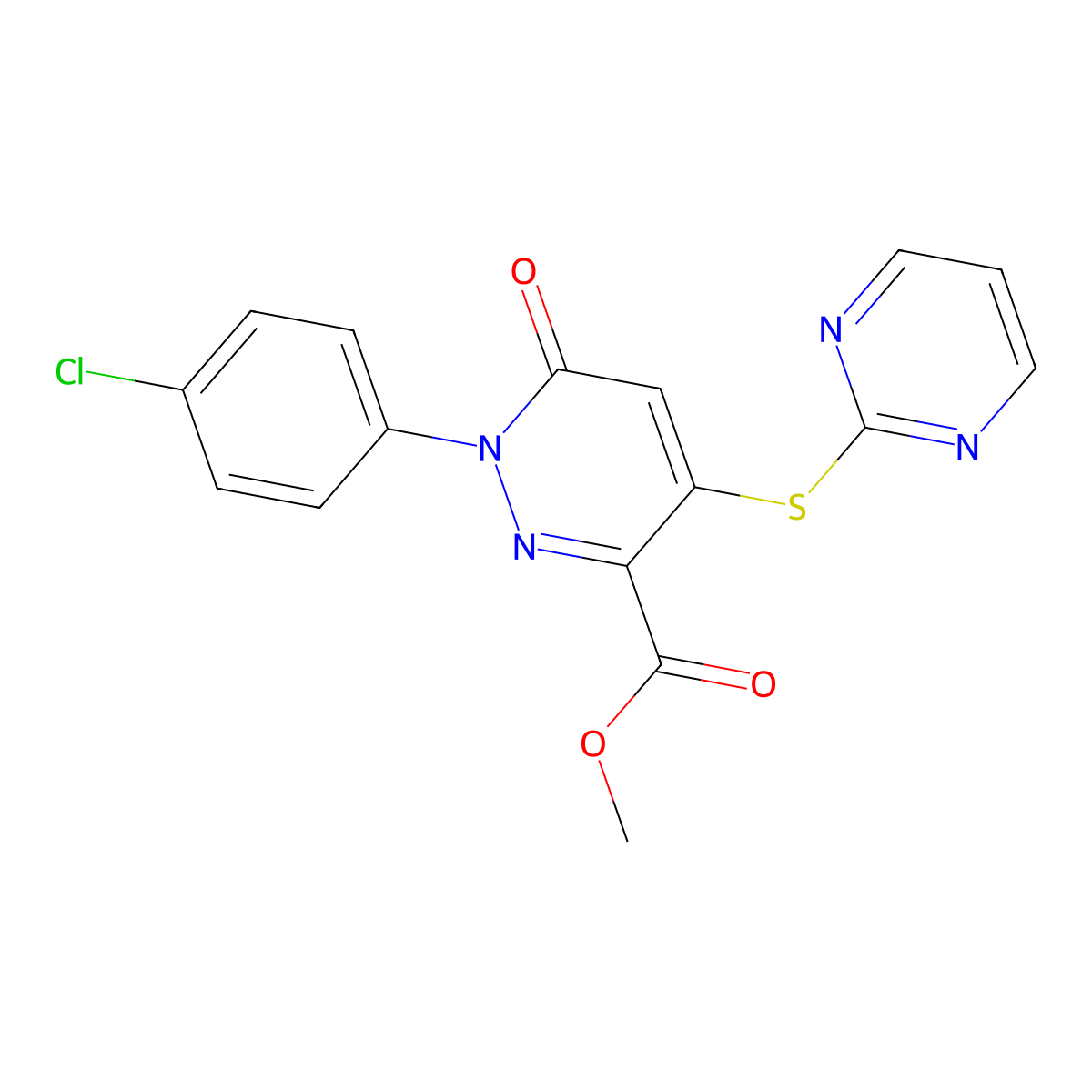 Methyl 1-(4-chlorophenyl)-6-oxo-4-(2-pyrimidinylsulfanyl)-1,6-dihydro-3-pyridazinecarboxylate molecular structure, CAS 338756-23-3