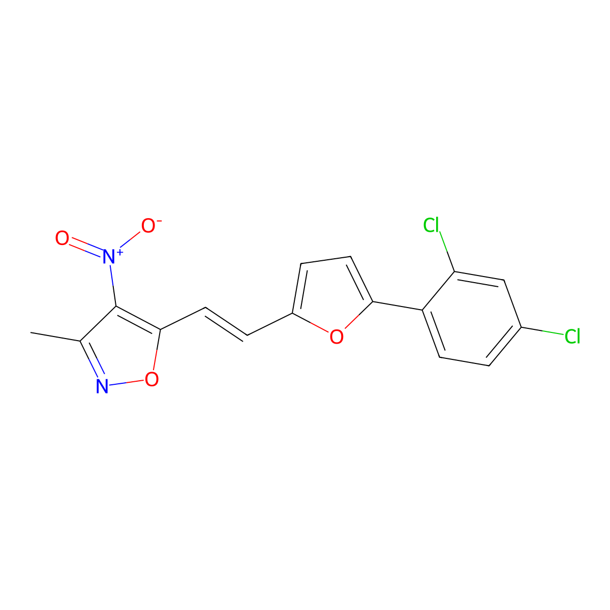 5-[(E)-2-[5-(2,4-dichlorophenyl)furan-2-yl]ethenyl]-3-methyl-4-nitro-1,2-oxazole molecular structure, CAS 338756-56-2