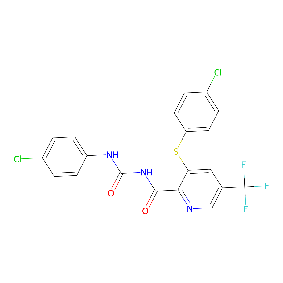 N-[(4-chlorophenyl)carbamoyl]-3-(4-chlorophenyl)sulfanyl-5-(trifluoromethyl)pyridine-2-carboxamide molecular structure, CAS 338759-10-7