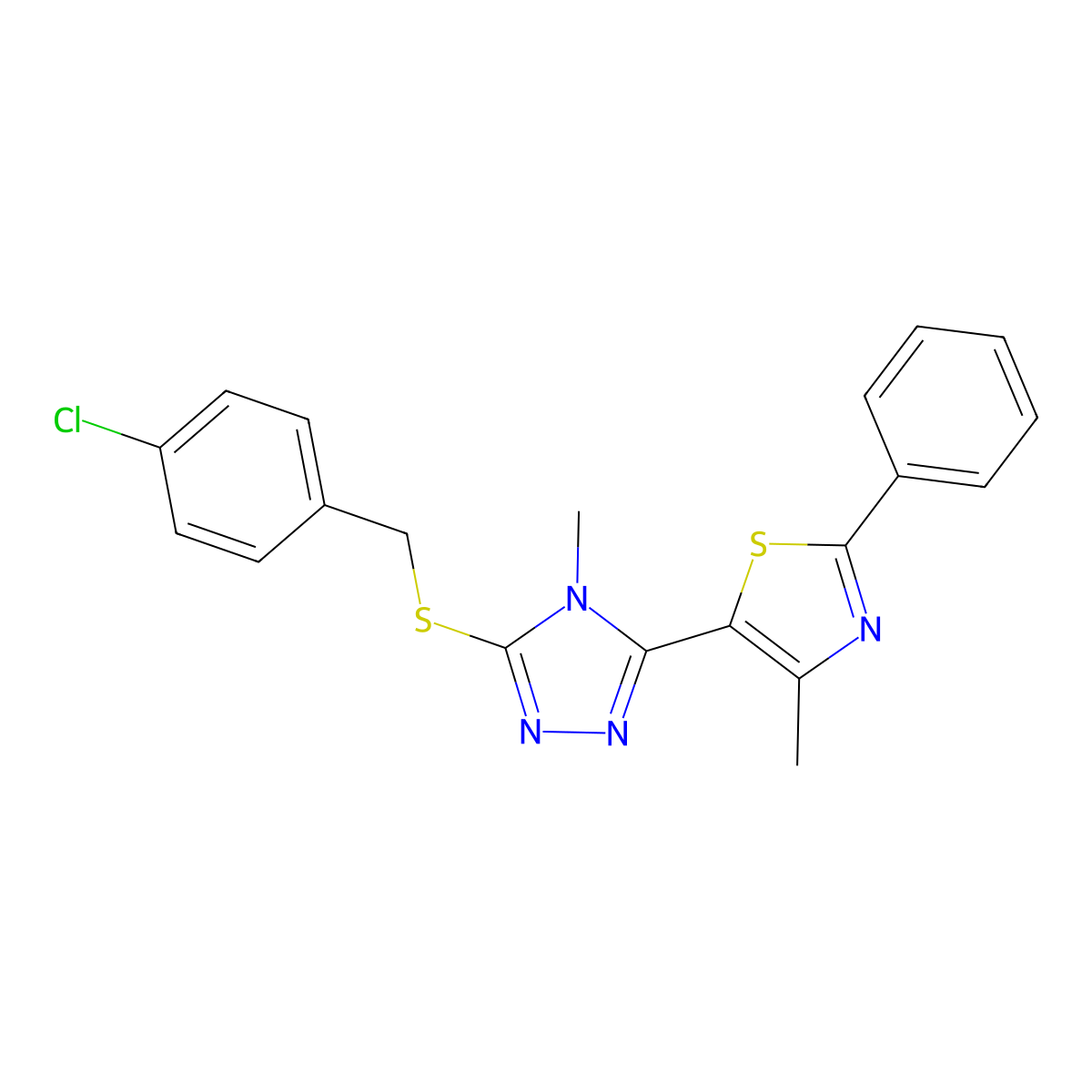 4-chlorobenzyl 4-methyl-5-(4-methyl-2-phenyl-1,3-thiazol-5-yl)-4H-1,2,4-triazol-3-yl sulfide molecular structure, CAS 338760-21-7