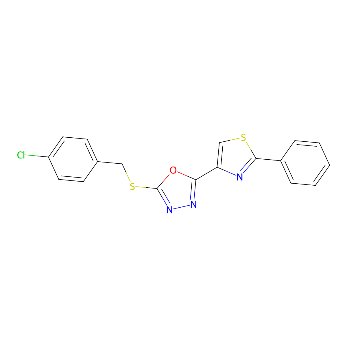 4-Chlorobenzyl 5-(2-phenyl-1,3-thiazol-4-yl)-1,3,4-oxadiazol-2-yl sulfide molecular structure, CAS 338760-61-5