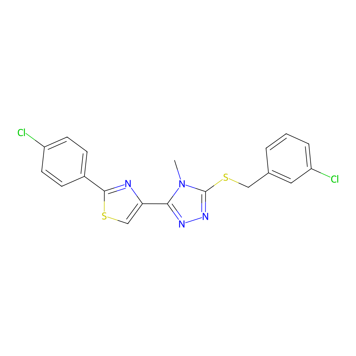 3-chlorobenzyl 5-[2-(4-chlorophenyl)-1,3-thiazol-4-yl]-4-methyl-4H-1,2,4-triazol-3-yl sulfide molecular structure, CAS 338760-90-0