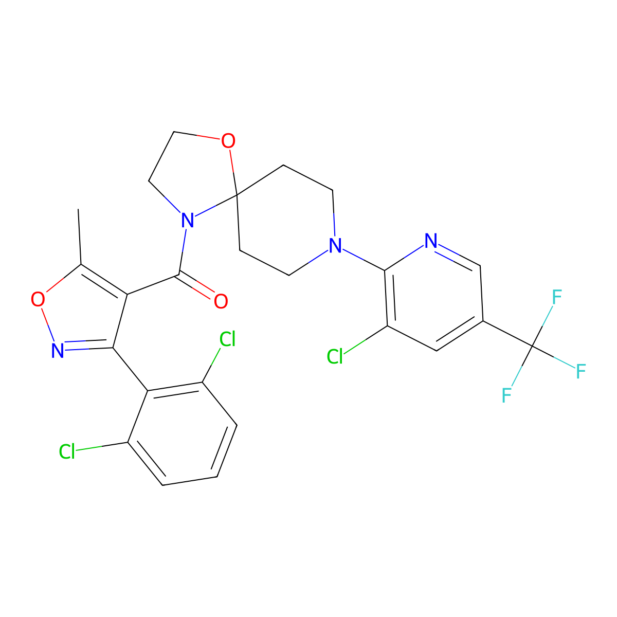 {8-[3-Chloro-5-(trifluoromethyl)-2-pyridinyl]-1-oxa-4,8-diazaspiro[4.5]dec-4-yl}[3-(2,6-dichlorophenyl)-5-methyl-4-isoxazolyl]methanone molecular structure, CAS 338761-22-1