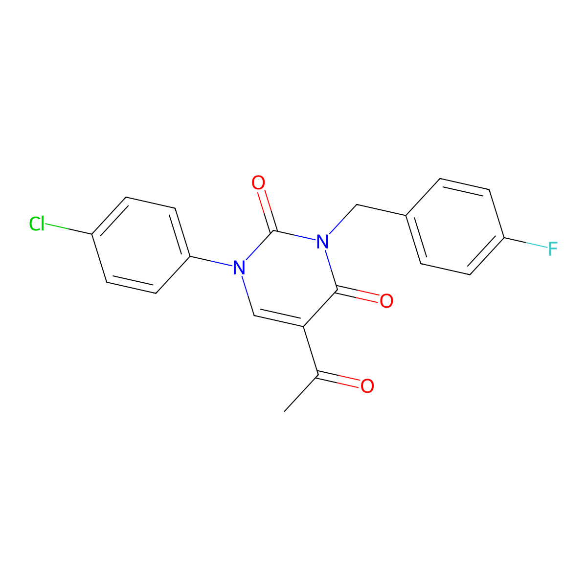 5-acetyl-1-(4-chlorophenyl)-3-(4-fluorobenzyl)-2,4(1H,3H)-pyrimidinedione molecular structure, CAS 338770-01-7