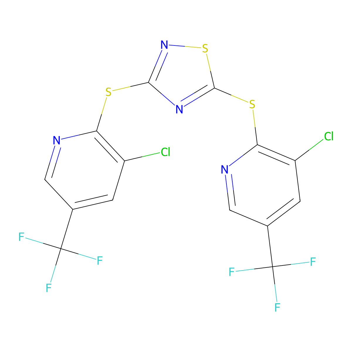 3-Chloro-5-(trifluoromethyl)-2-pyridinyl 3-{[3-chloro-5-(trifluoromethyl)-2-pyridinyl]sulfanyl}-1,2,4-thiadiazol-5-yl sulfide molecular structure, CAS 338770-07-3