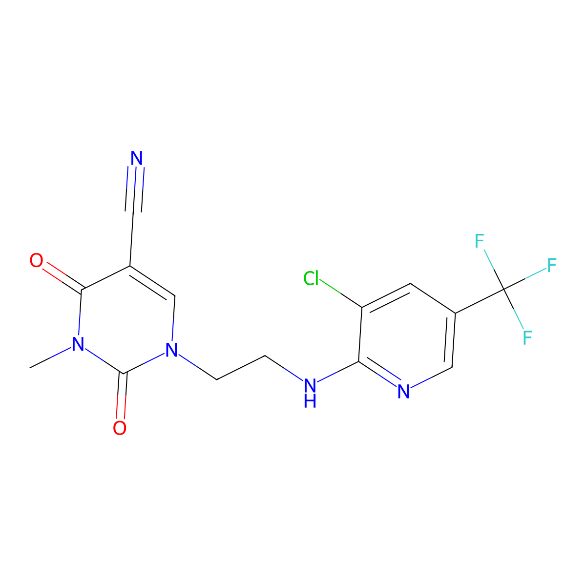 1-(2-{[3-Chloro-5-(trifluoromethyl)-2-pyridinyl]amino}ethyl)-3-methyl-2,4-dioxo-1,2,3,4-tetrahydro-5-pyrimidinecarbonitrile molecular structure, CAS 338770-14-2