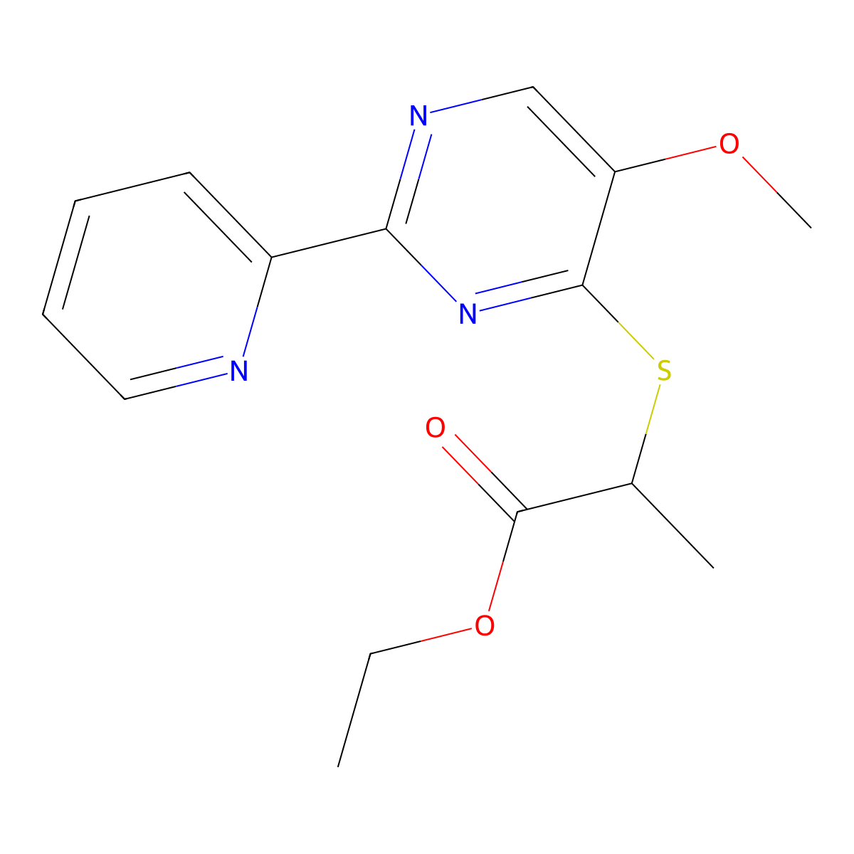 Ethyl 2-{[5-methoxy-2-(2-pyridinyl)-4-pyrimidinyl]sulfanyl}propanoate molecular structure, CAS 338771-77-0