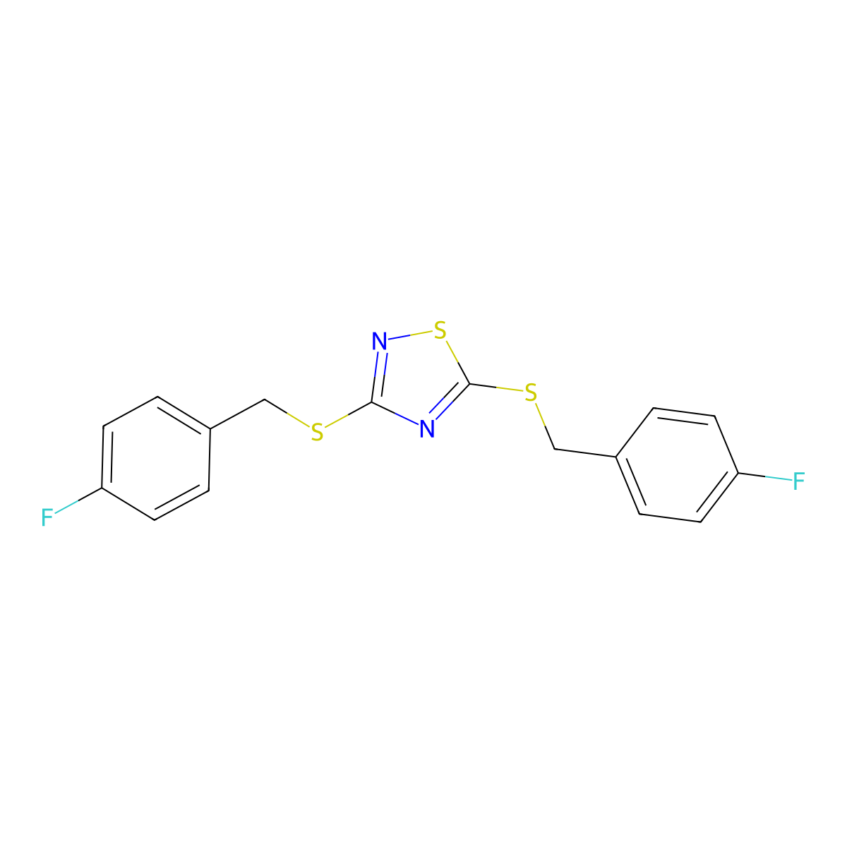 3,5-Bis[(4-fluorobenzyl)sulfanyl]-1,2,4-thiadiazole molecular structure, CAS 338772-55-7