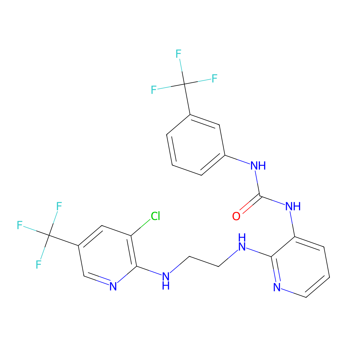 N-{2-[(2-{[3-chloro-5-(trifluoromethyl)-2-pyridinyl]amino}ethyl)amino]-3-pyridinyl}-N'-[3-(trifluoromethyl)phenyl]urea molecular structure, CAS 338772-83-1