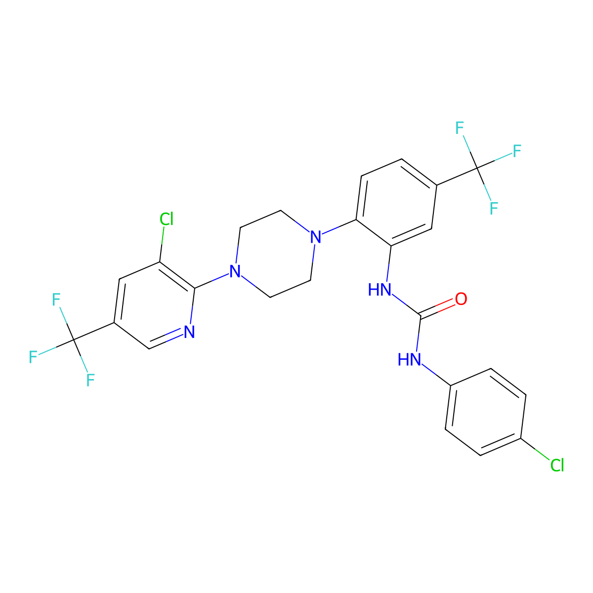N-(4-chlorophenyl)-N'-[2-{4-[3-chloro-5-(trifluoromethyl)-2-pyridinyl]piperazino}-5-(trifluoromethyl)phenyl]urea molecular structure, CAS 338773-02-7