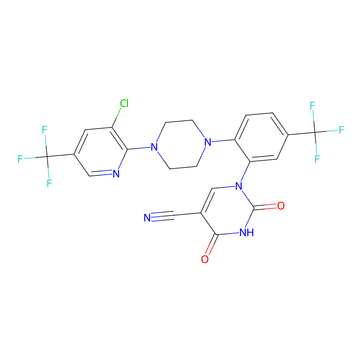 1-[2-{4-[3-Chloro-5-(trifluoromethyl)-2-pyridinyl]piperazino}-5-(trifluoromethyl)phenyl]-2,4-dioxo-1,2,3,4-tetrahydro-5-pyrimidinecarbonitrile molecular structure, CAS 338773-03-8