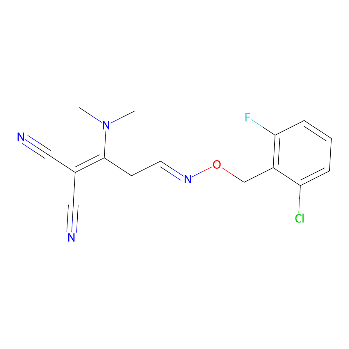 2-[3-{[(2-Chloro-6-fluorobenzyl)oxy]imino}-1-(dimethylamino)propylidene]malononitrile molecular structure, CAS 338773-71-0