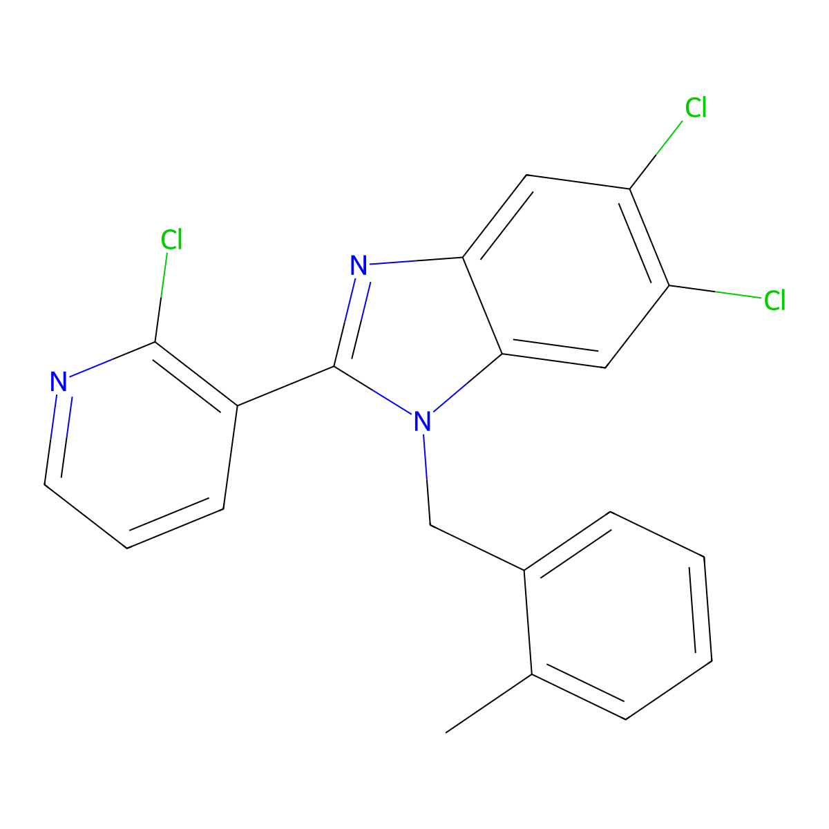 5,6-dichloro-2-(2-chloro-3-pyridinyl)-1-(2-methylbenzyl)-1H-1,3-benzimidazole molecular structure, CAS 338774-09-7