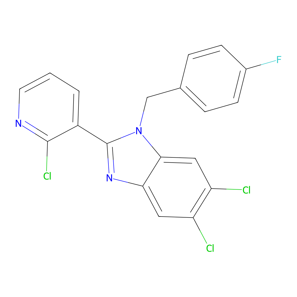 5,6-dichloro-2-(2-chloro-3-pyridinyl)-1-(4-fluorobenzyl)-1H-1,3-benzimidazole molecular structure, CAS 338774-11-1